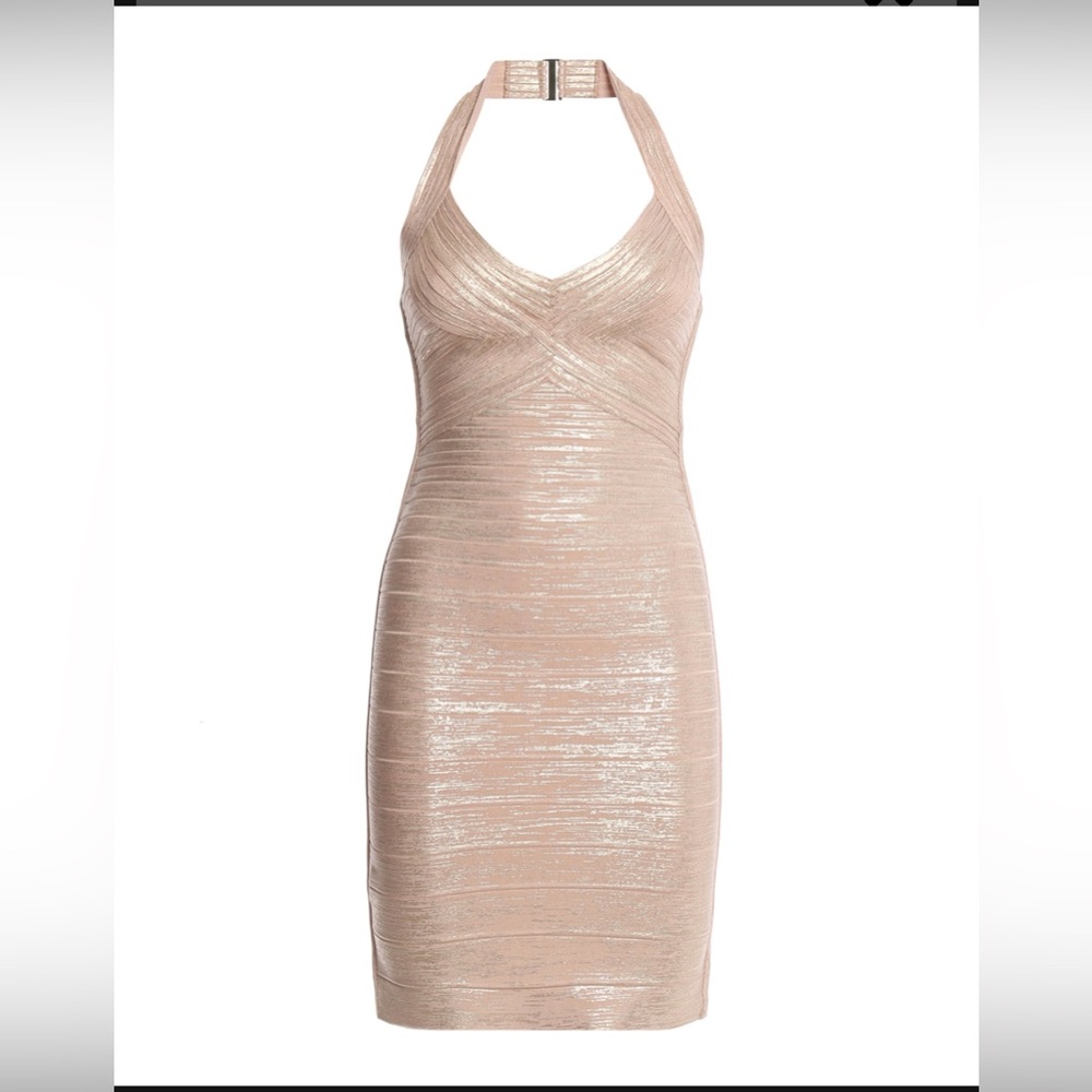 Herve Leger Jessalyn Bandage dress in rose gold